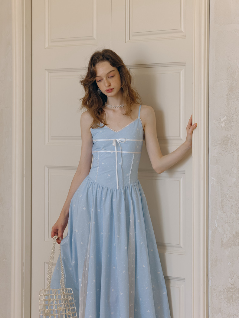 High Waist Seam Spaghetti Strap A-Line Light Blue Dress