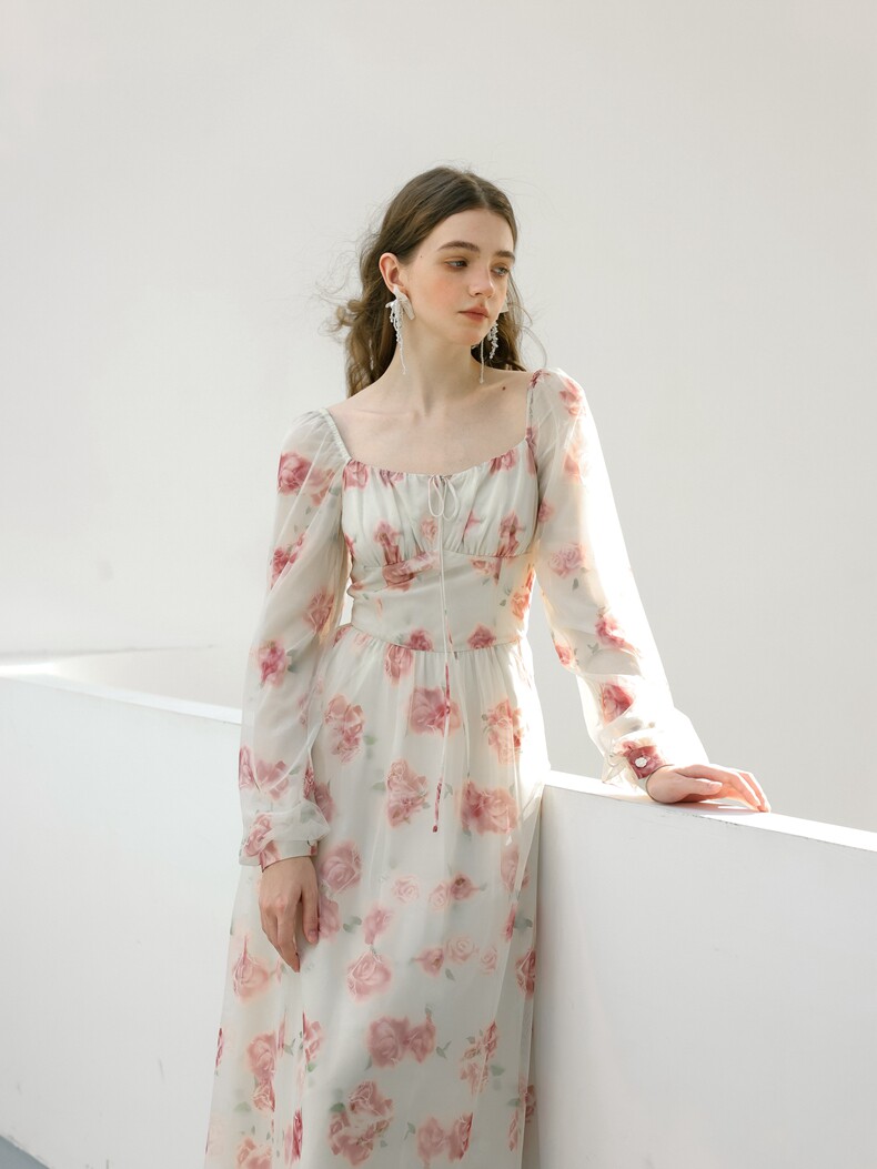 White Pink Floral Smocked High Waist Dress