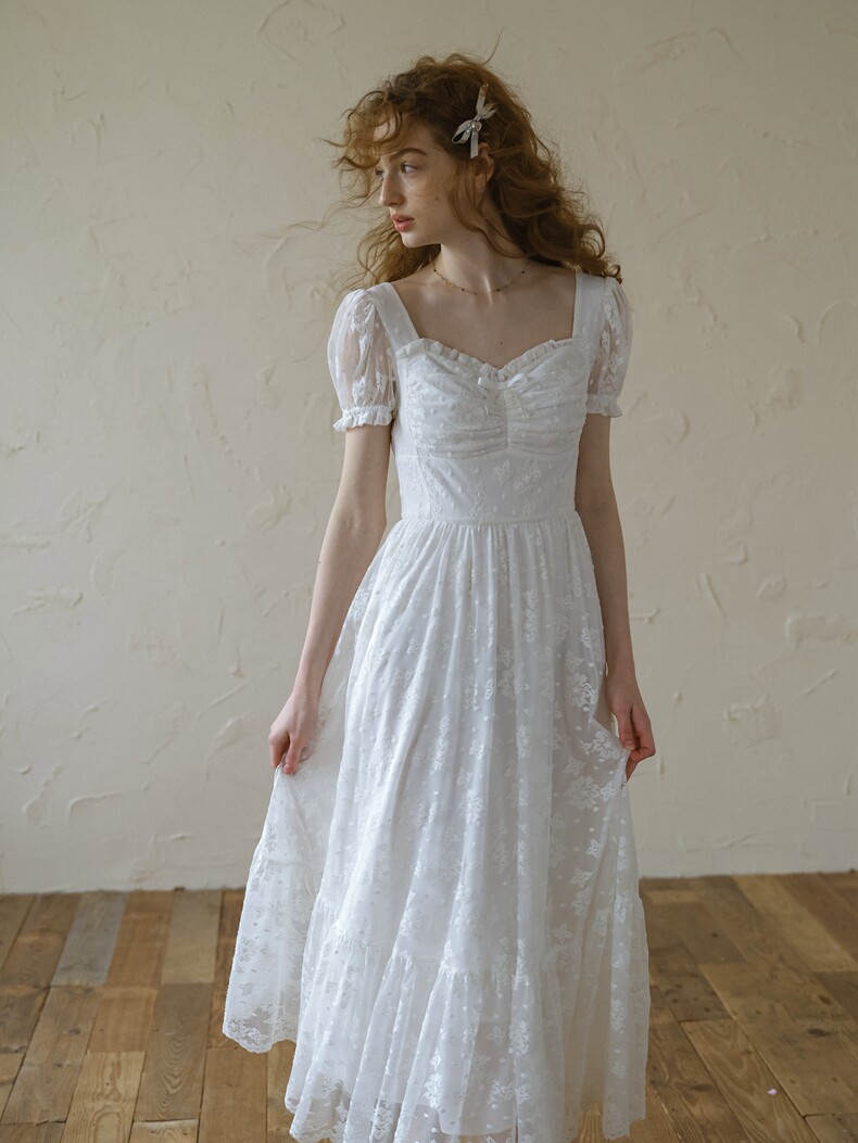 Buy Vintage White Lace Dress, Puff Sleeve A-Line Midi Dress - Megustas