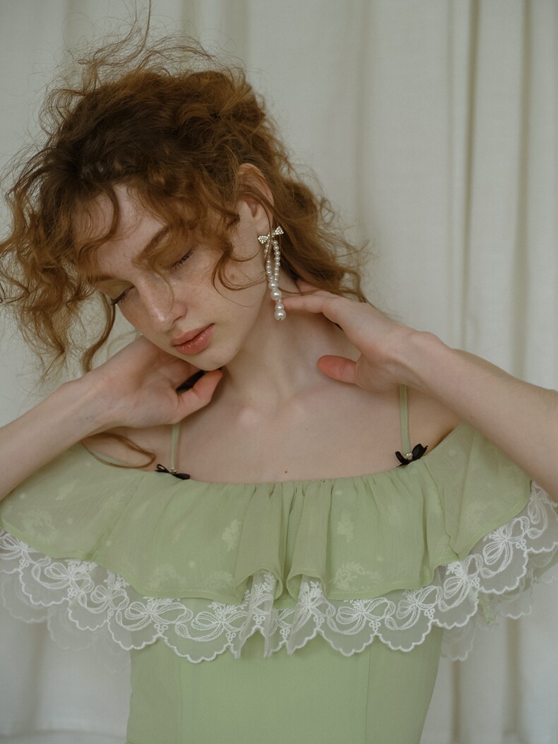 Mint Green High Waist Lace Trim A-Line Dress