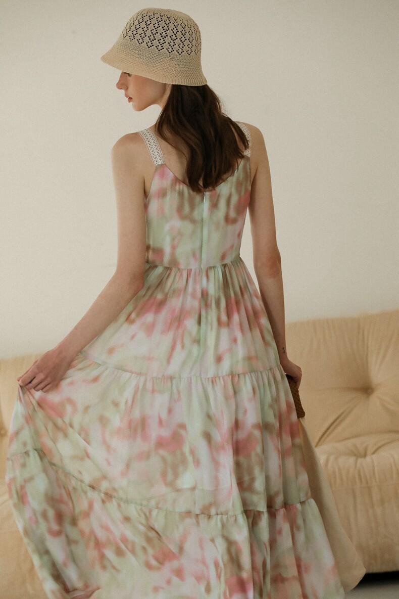 V-Neck Lace Trim Tiered Slip Watercolor Maxi Dress