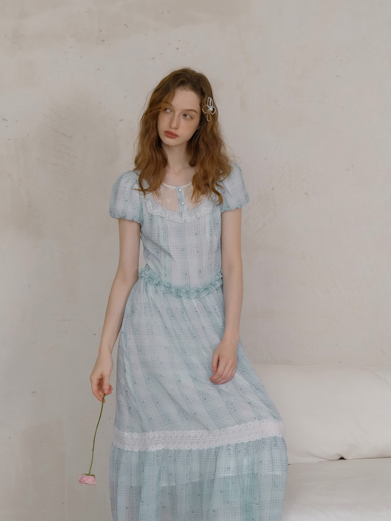 Light Blue Plaid Lace Neck Puff Sleeve Dress