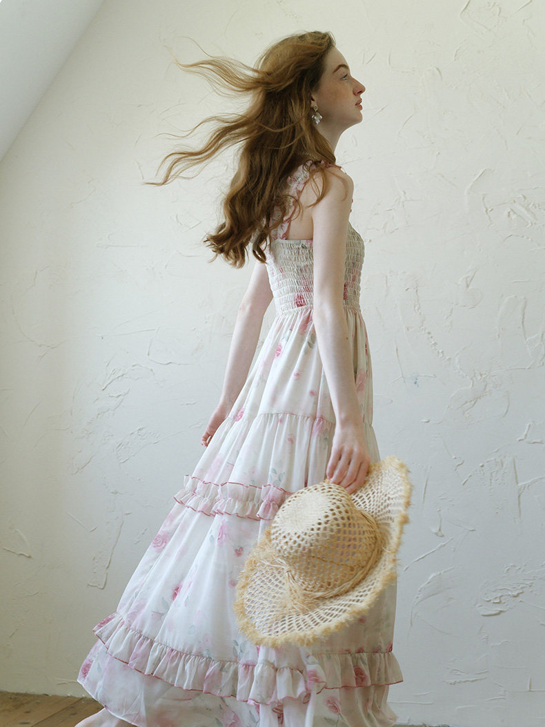 Buy Romantic Rose Floral Ruffle Tiered Maxi Dress, Flowy Summer Sundress - Megustas