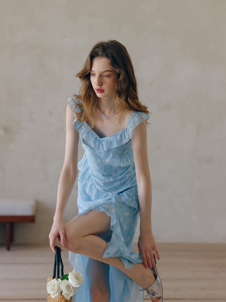 Buy Romantic Light Blue Floral Dress Chiffon Midi Dress - Megustas
