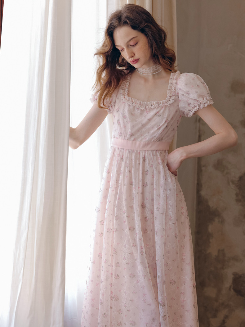 Buy Light Pink Floral Tulle Dress Square Neck Puff Sleeve Dress - Megustas