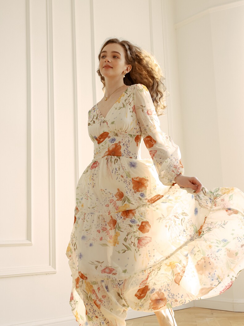 Buy Elegant Floral Long-Sleeve Chiffon V-Neck Dress - Megustas