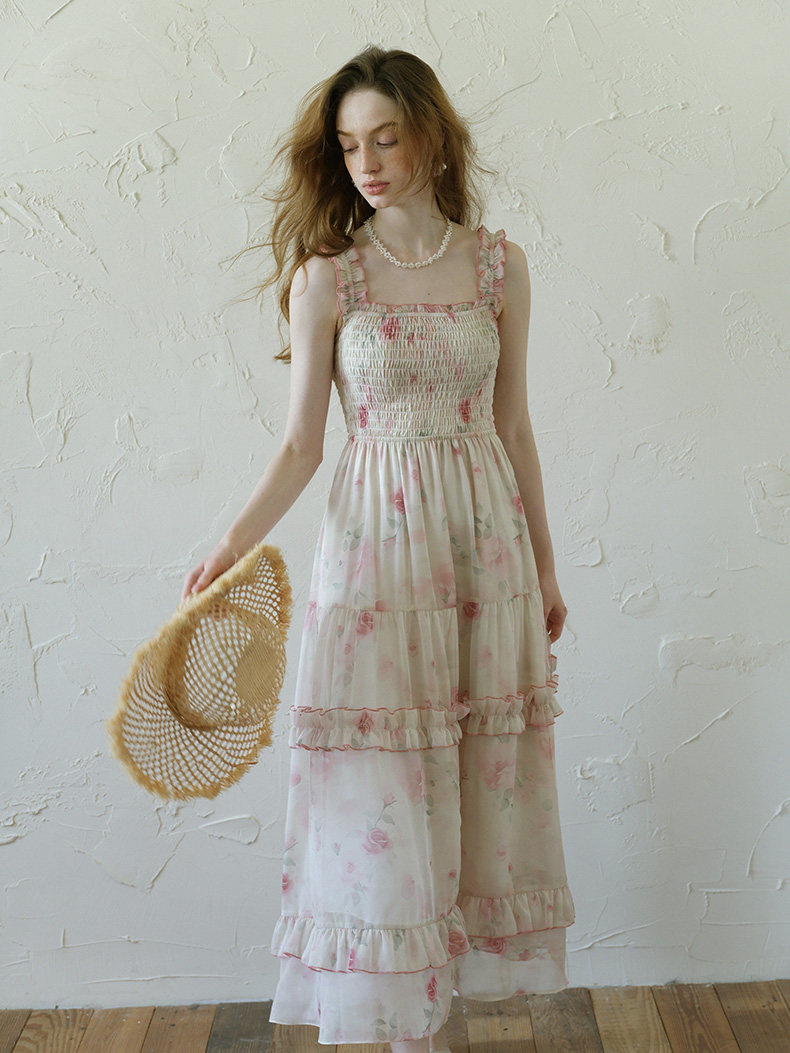 Buy Romantic Rose Floral Ruffle Tiered Maxi Dress, Flowy Summer Sundress - Megustas