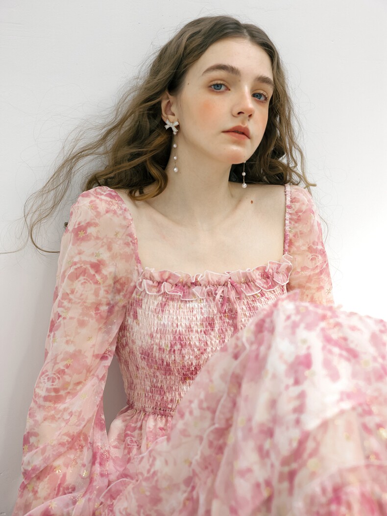 Floral Long Sleeve Tiered Chiffon Dress