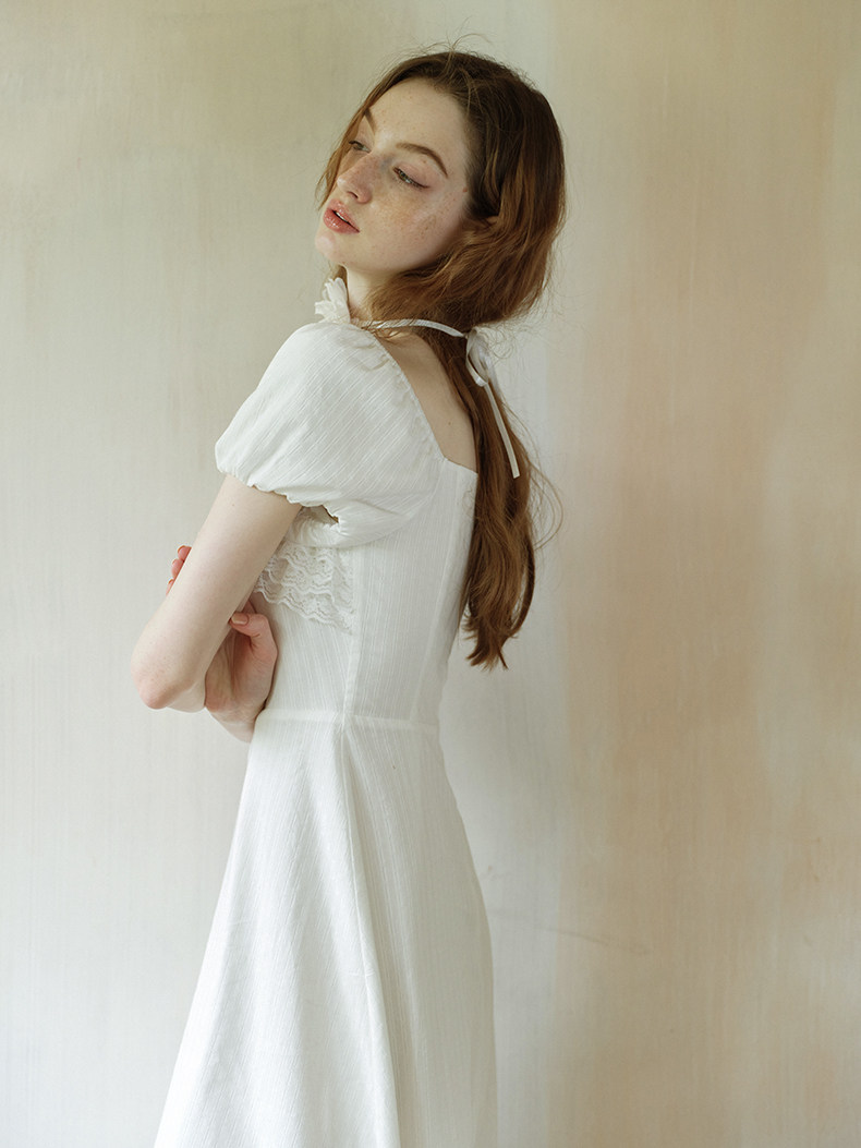 Square Neck Smocked Puff Sleeve White Dress