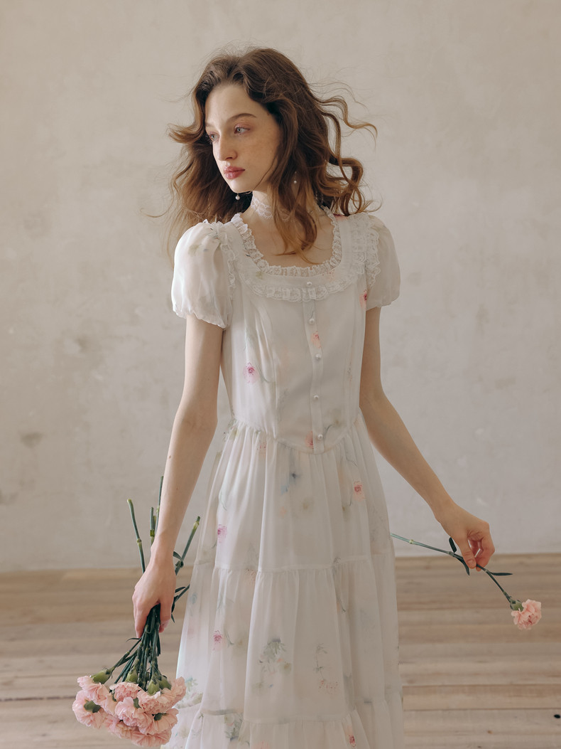 Lace Collar Puff Sleeve Tiered White Dress