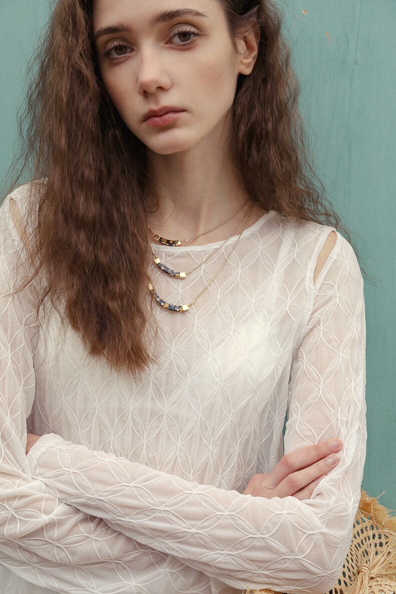 White Diamond Jacquard Sheer Long Sleeve Tee
