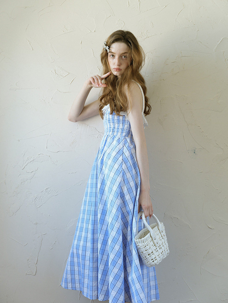 Blue White Plaid Lace Trim Slip Dress