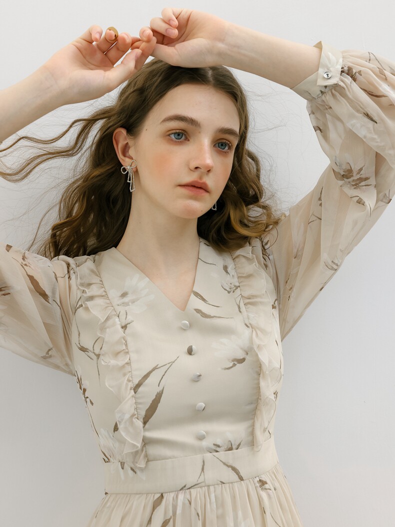 Buy Beige Floral Chiffon Dress V-Neck Ruffle Trim Long Sleeve - Megustas