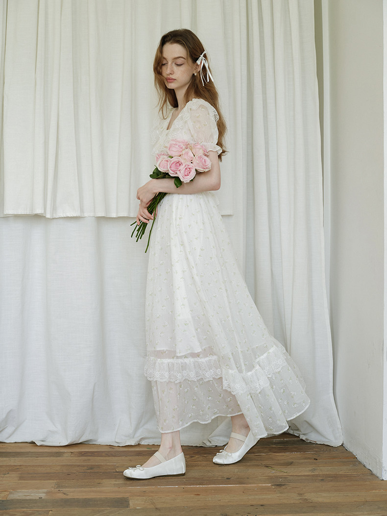 Buy French Retro White Floral Dress - Megustas