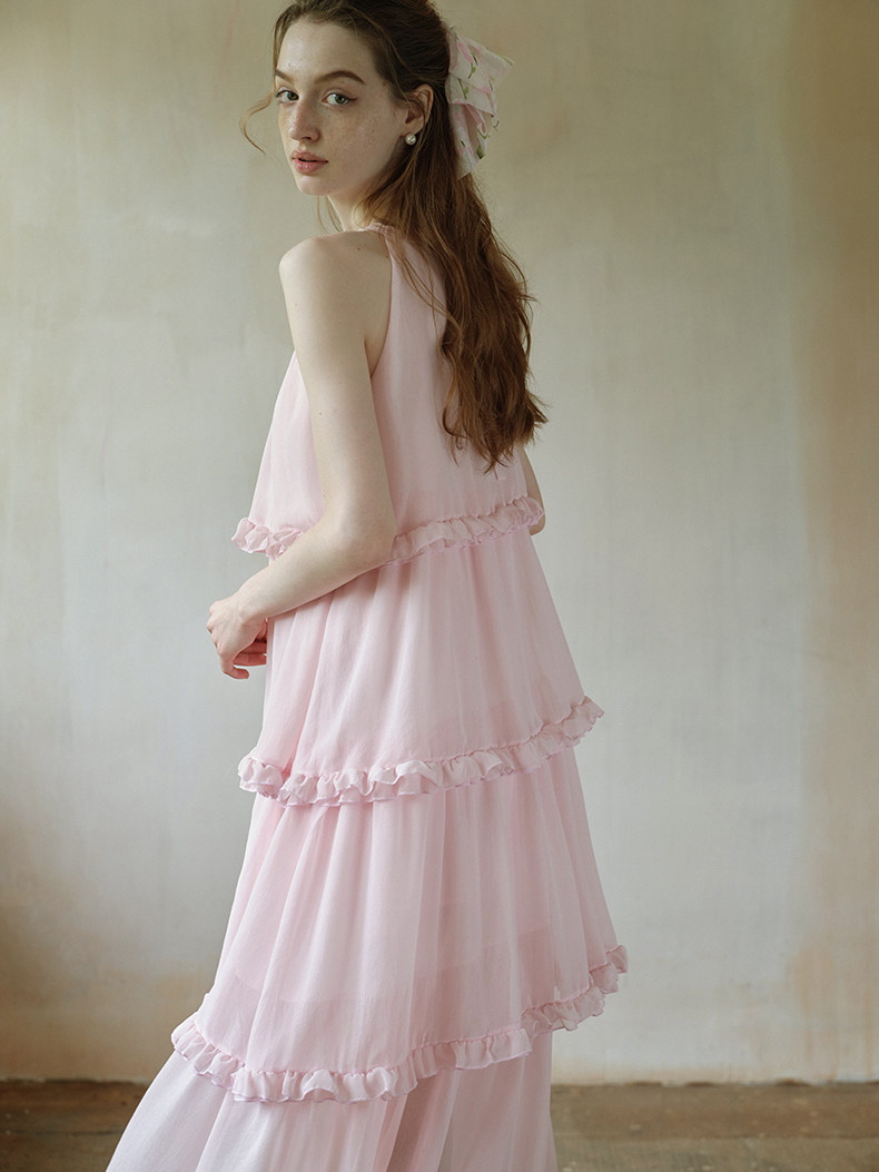Buy Light Pink Ruffle Tiered Maxi Dress, Sleeveless Halter Dress - Megustas