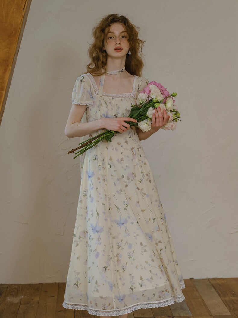 Buy Vintage Lace Floral Dress, High Waist Flowy Midi Dress - Megustas