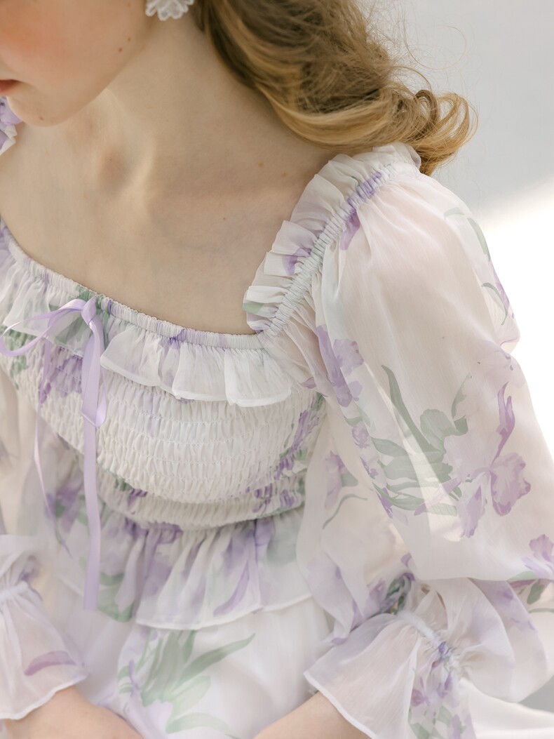 White Floral Smocked Square Neck Midi Dress