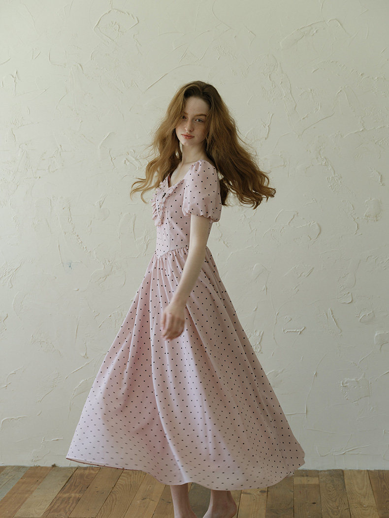 Sweetheart Neck Bow Polka Dot Puff Sleeve Dress
