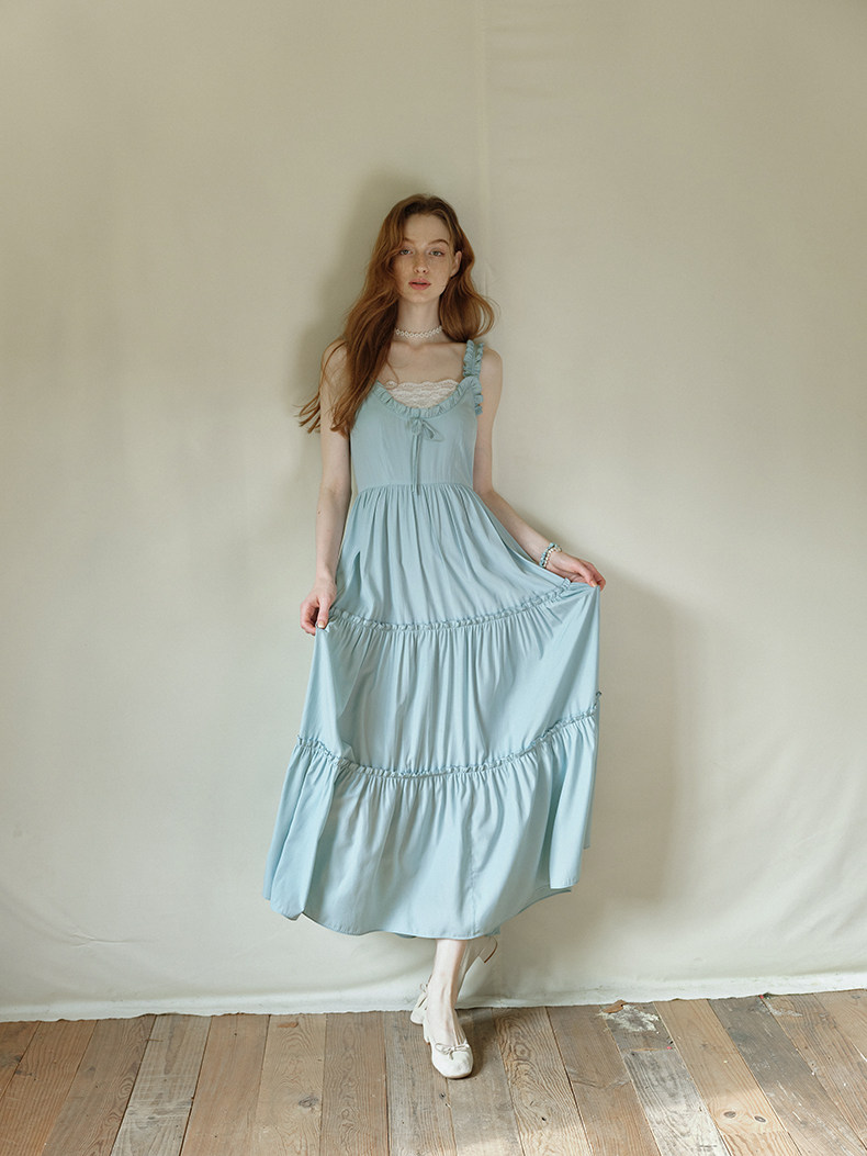 Light Blue High Waist Tiered Slip Dress