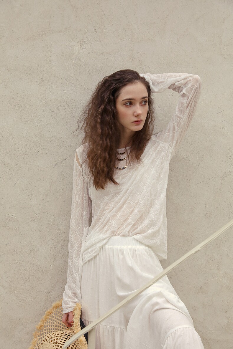 White Diamond Jacquard Sheer Long Sleeve Tee