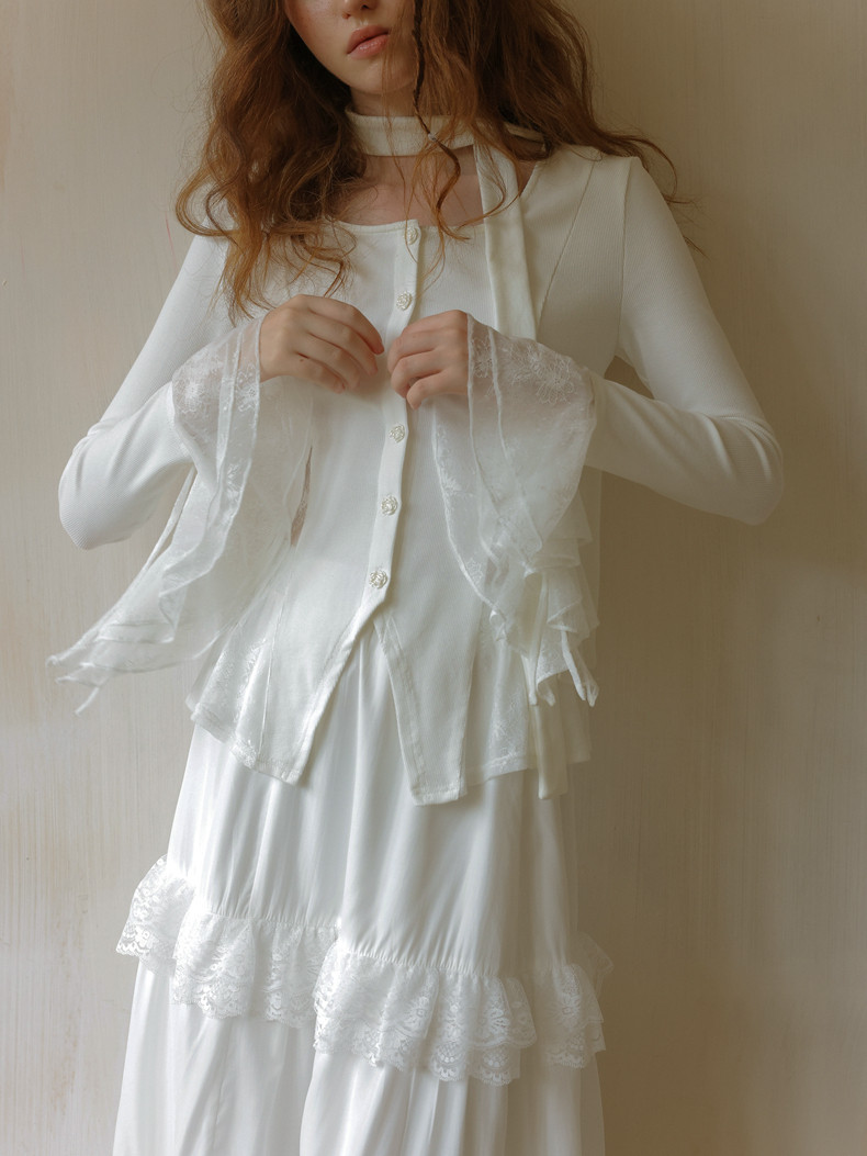 White Fitted Flared Lace Long Sleeved Top