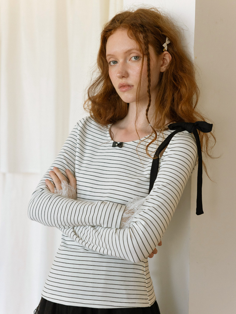 Striped Long Sleeve T-Shirt Lace Cuffs Bow Accent
