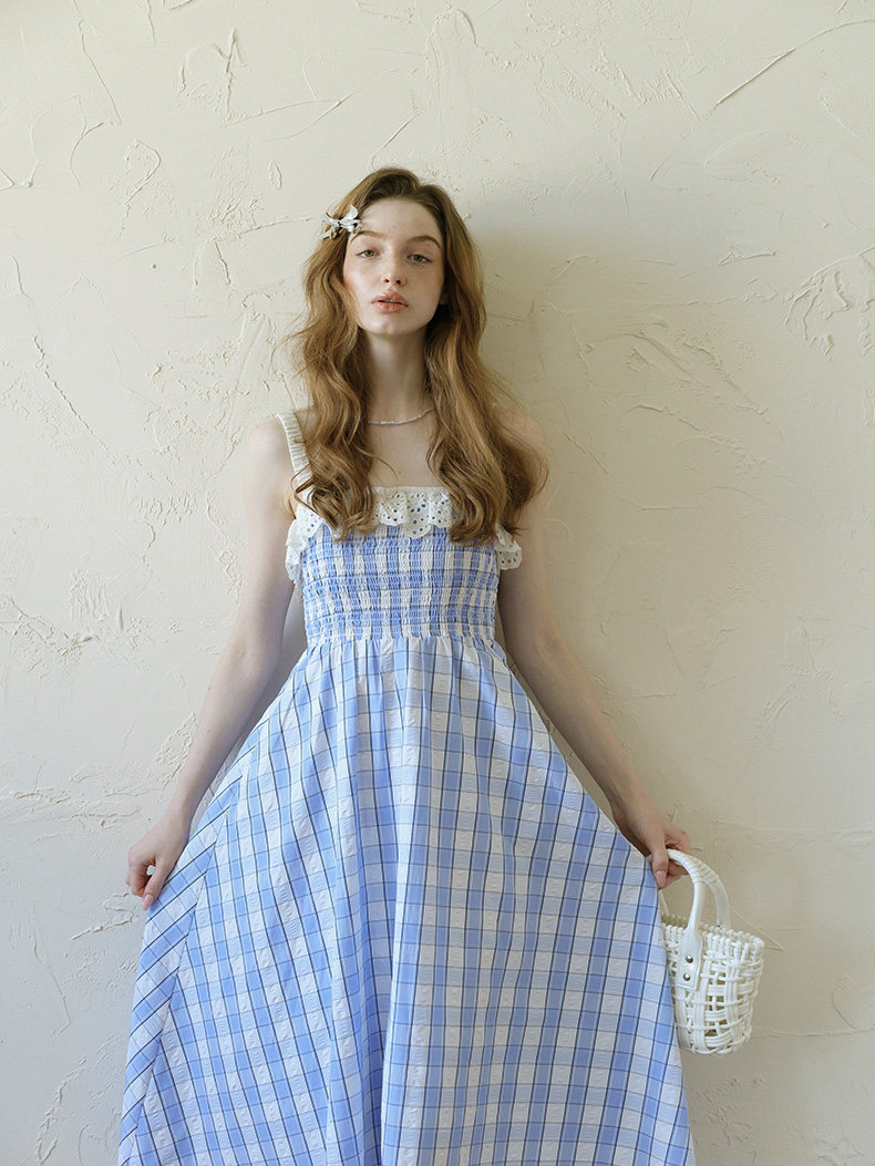 Blue White Plaid Lace Trim Slip Dress