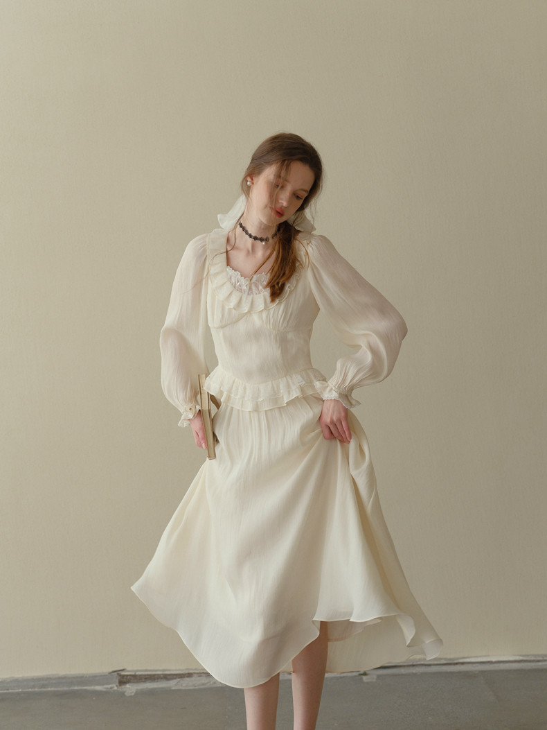 Buy Vintage Ruffled Midi Dress Lace Patchwork French Tea Dress - Megustas