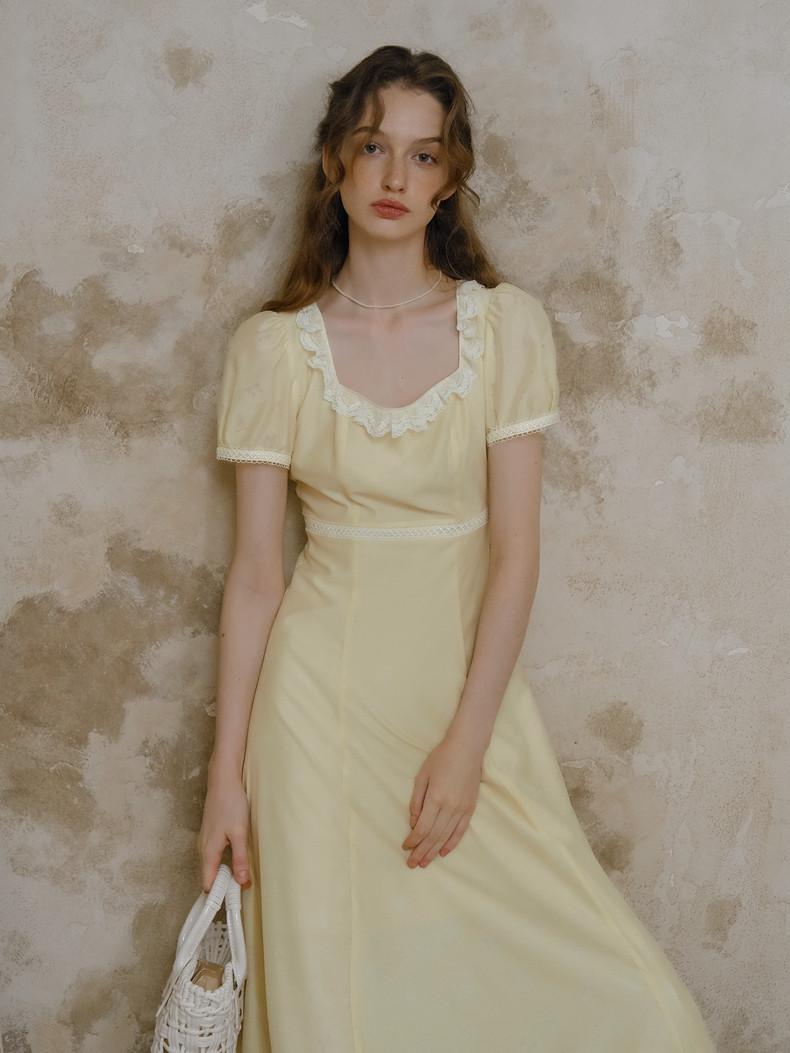 Buy Elegant Pastel Yellow Dress with Lace Neckline & Hem - Megustas