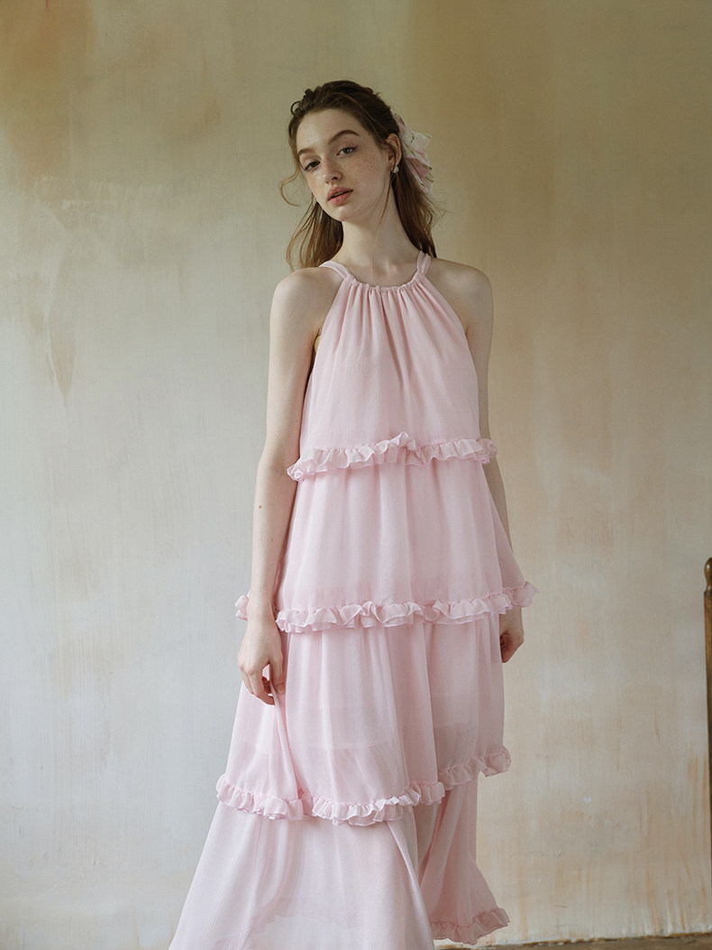 Buy Light Pink Ruffle Tiered Maxi Dress, Sleeveless Halter Dress - Megustas