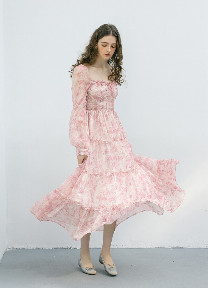 Floral Long Sleeve Tiered Chiffon Dress