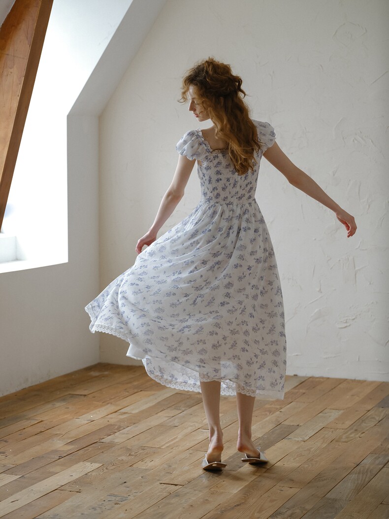 White Blue Floral Tiered Ruffle Dress