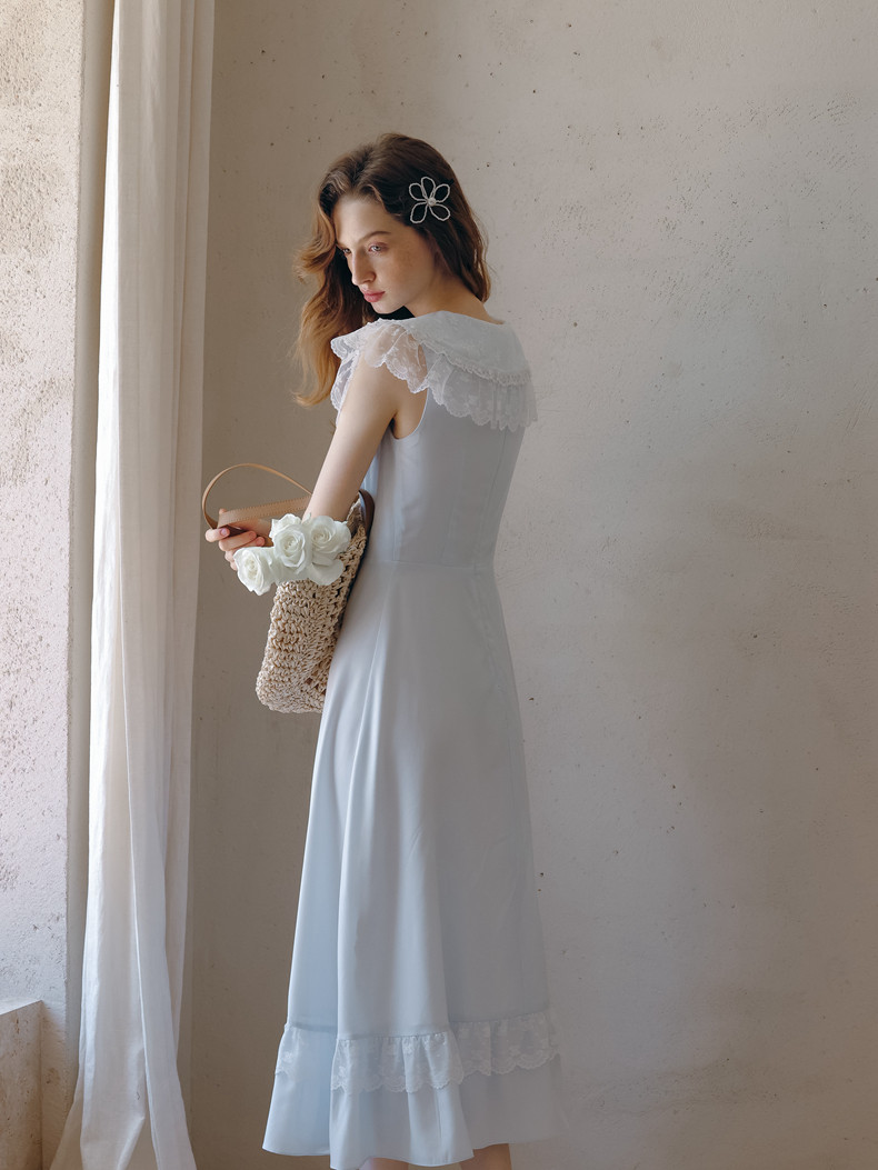 Light Blue Lace Collar Sleeveless Dress