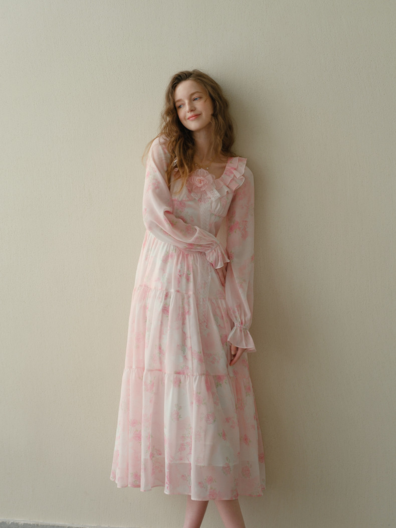 Pink Floral Sheer Sleeve Tiered Maxi