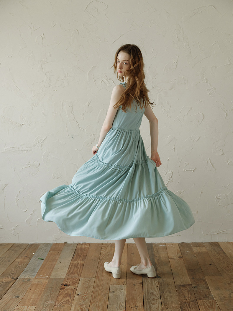 Light Blue High Waist Tiered Slip Dress