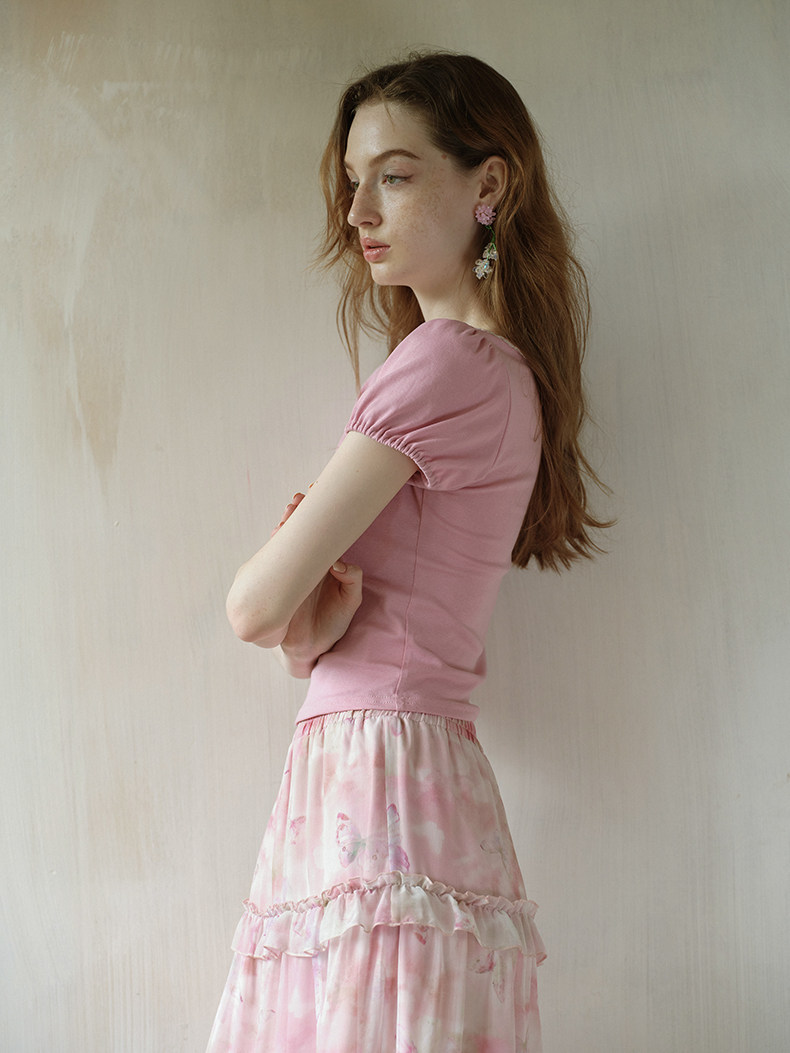Pink Lace Trim Button Short Sleeve Tee