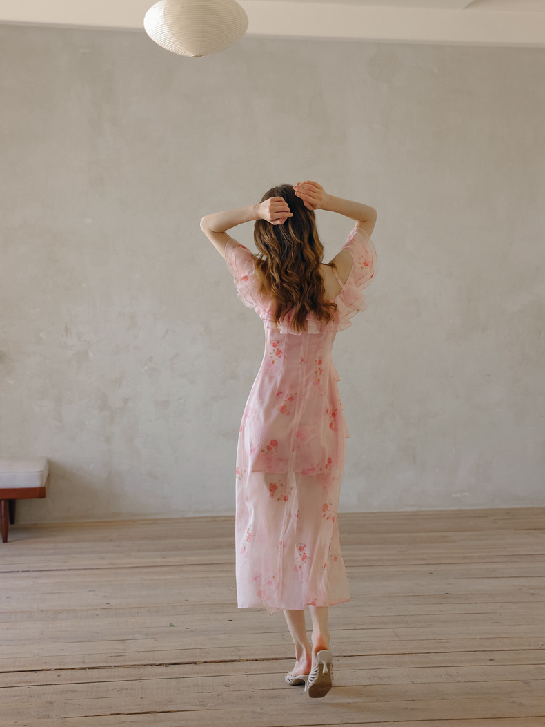 Buy Romantic Chiffon Pink Rose Print Off-Shoulder Dress Ruffle Tiered Midi Dress - Megustas