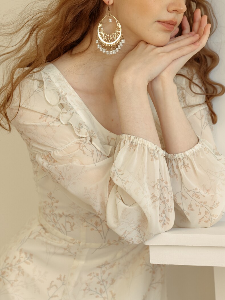 Off-white High Waist A-Line Long Sleeve Dress