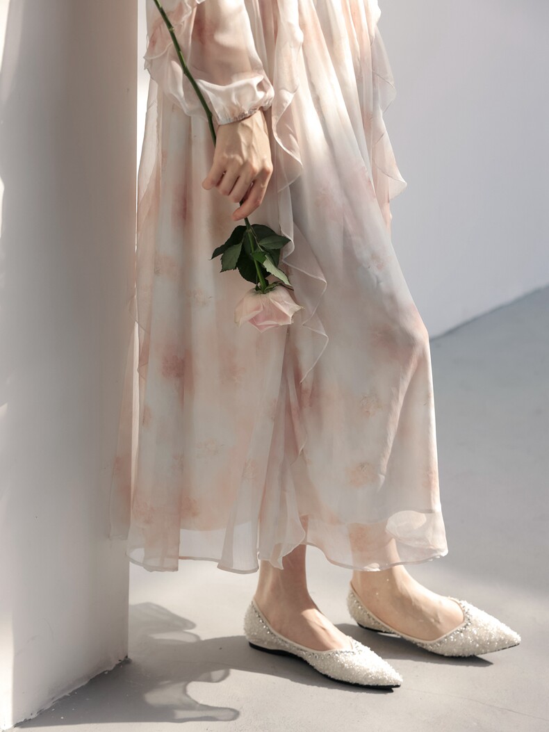 Cutout Shoulder Ruffle Sleeve Watercolor Dress