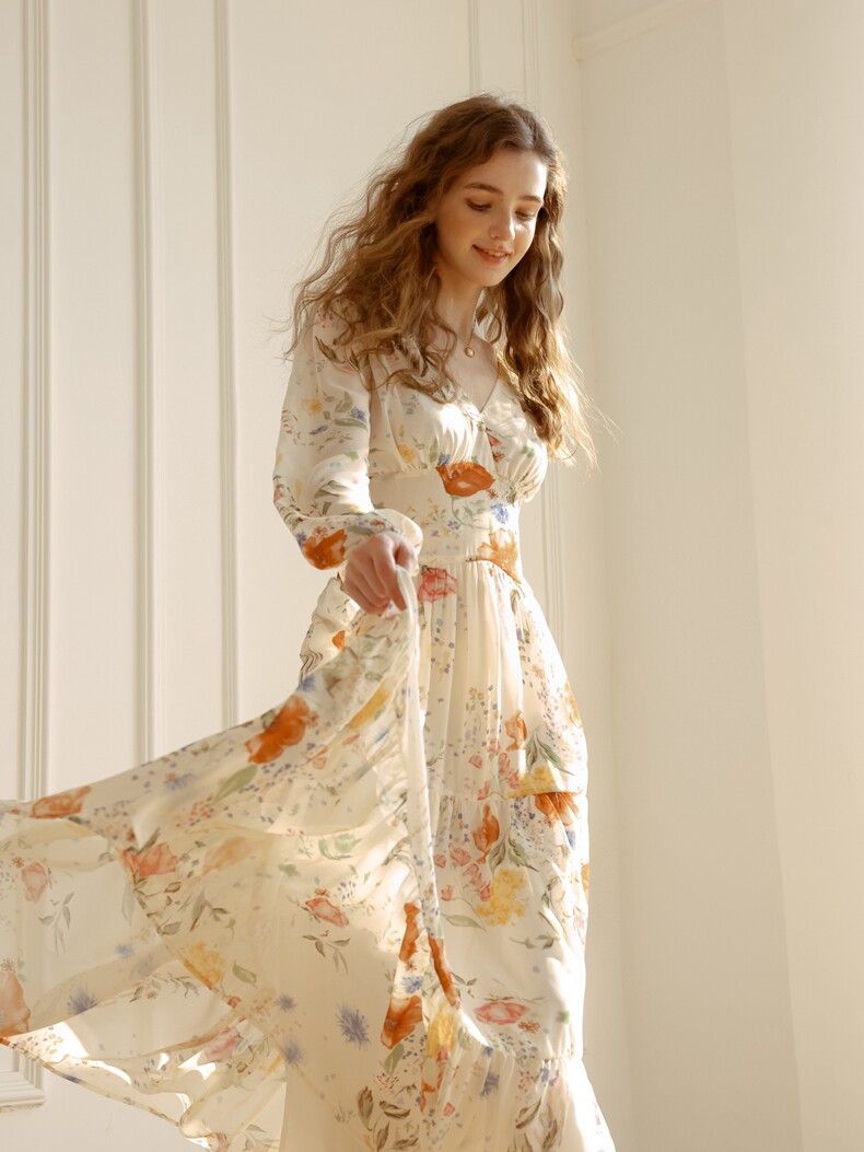 Buy Elegant Floral Long-Sleeve Chiffon V-Neck Dress - Megustas