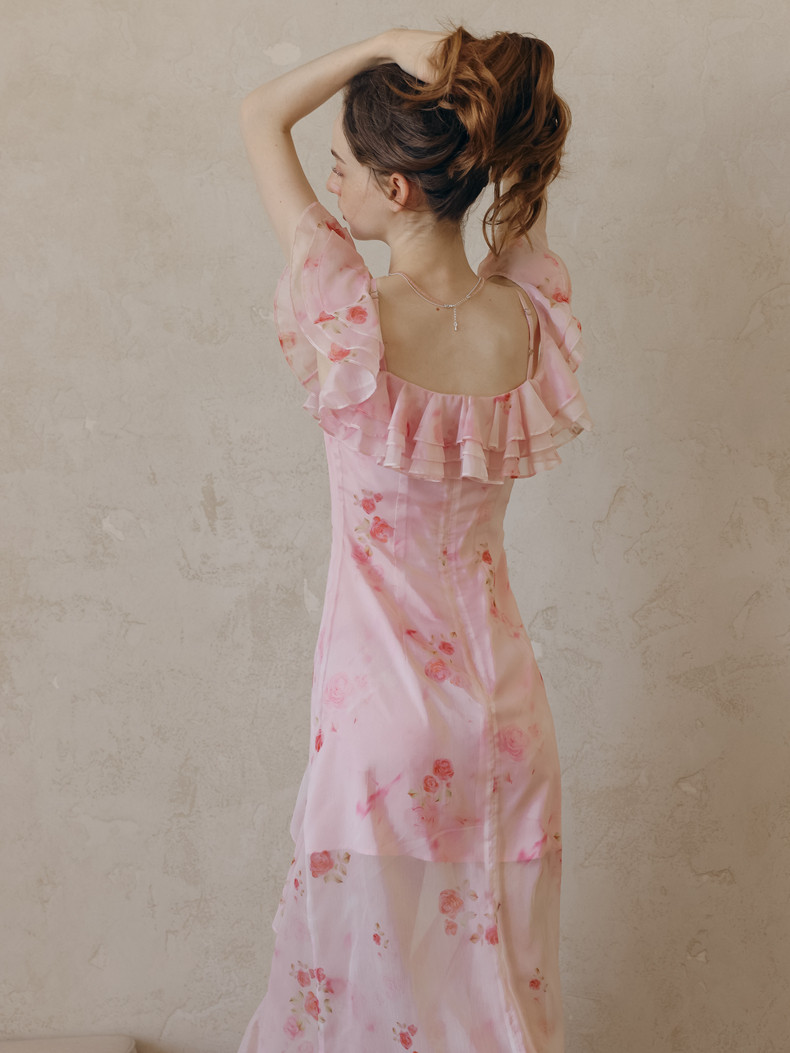 Buy Romantic Chiffon Pink Rose Print Off-Shoulder Dress Ruffle Tiered Midi Dress - Megustas