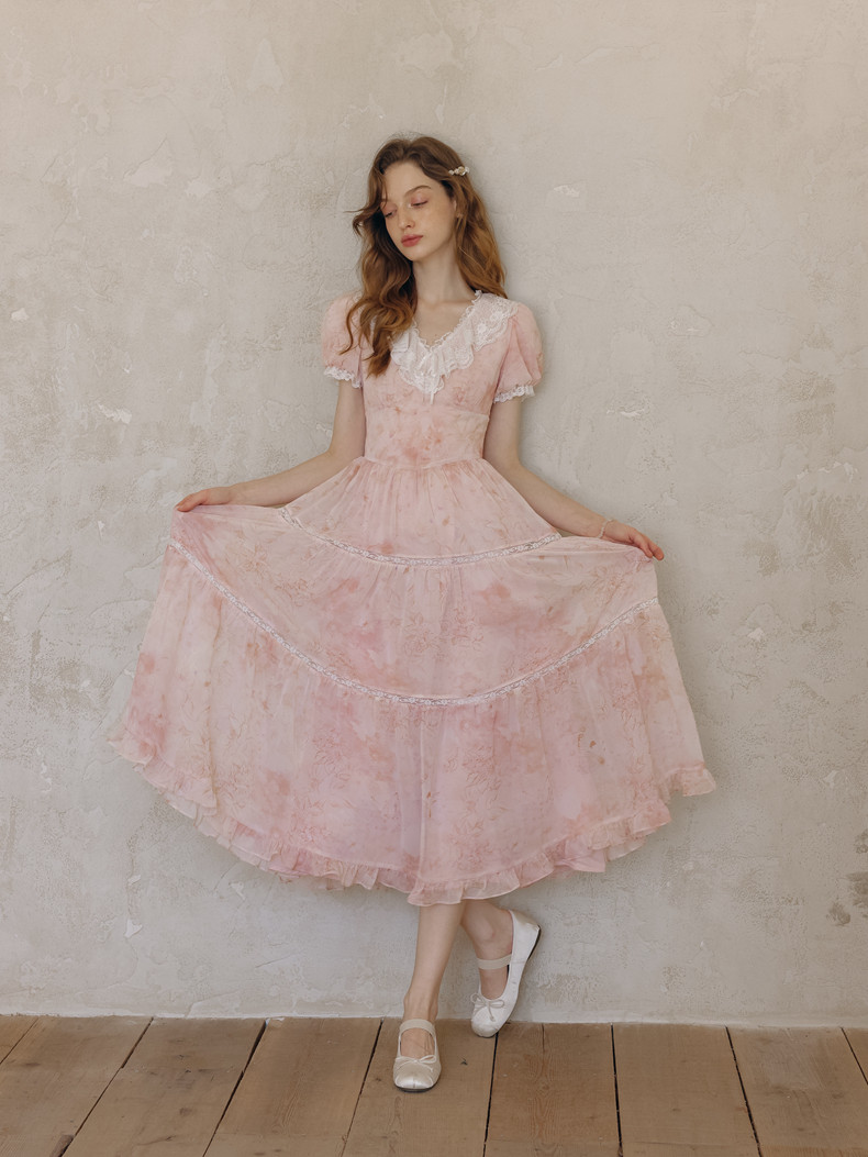 Lace Trim Puff Sleeve Pink Midi Dress