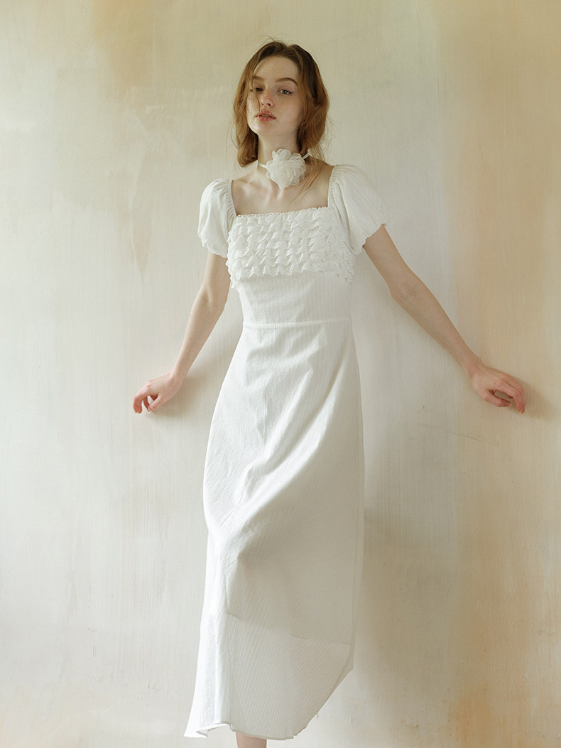 Square Neck Smocked Puff Sleeve White Dress