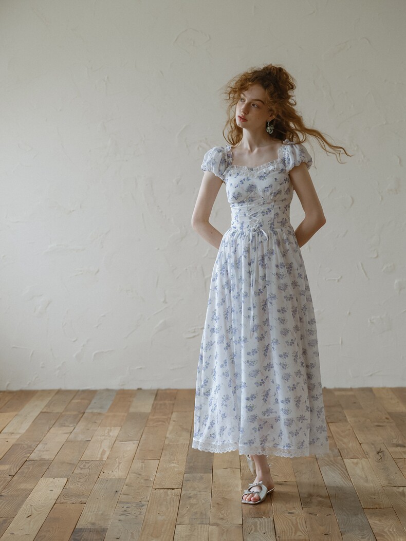 White Blue Floral Tiered Ruffle Dress