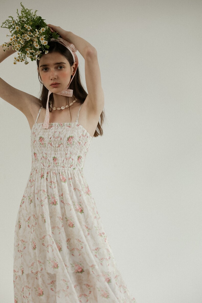 Smocked Straight Neck Floral Tiered Slip Dress