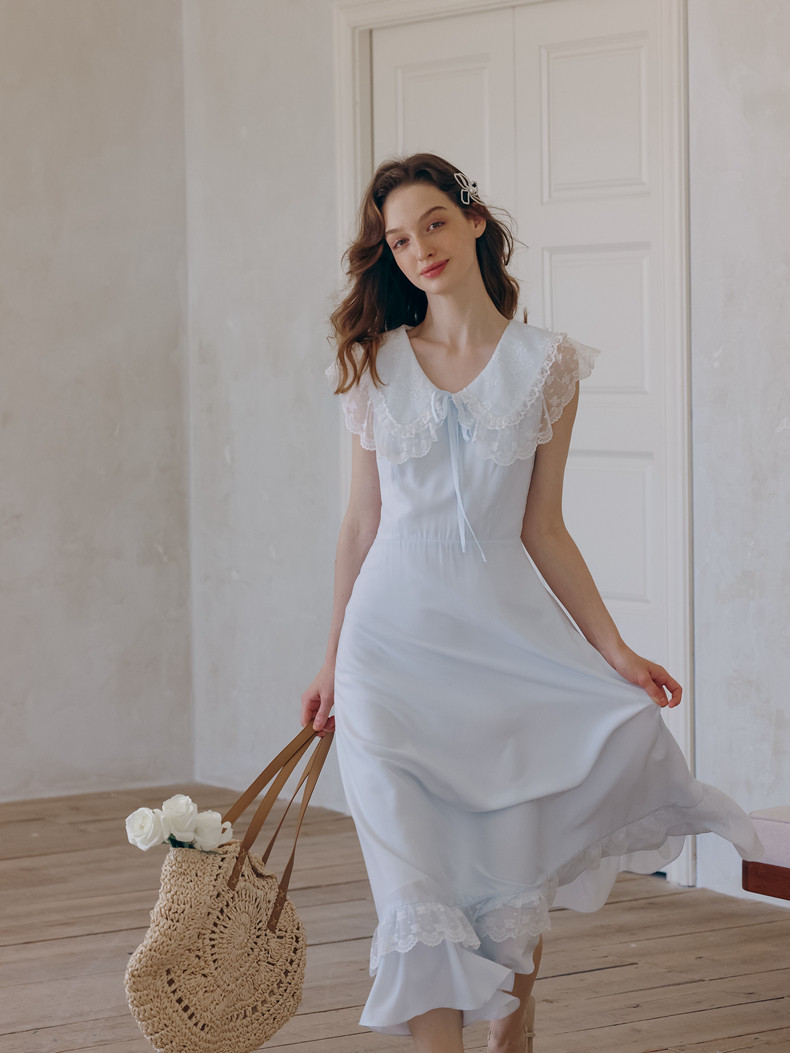 Light Blue Lace Collar Sleeveless Dress