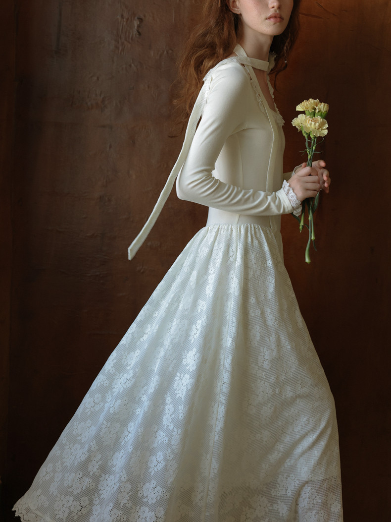 Long Sleeve Waisted Lace Hem White Dress