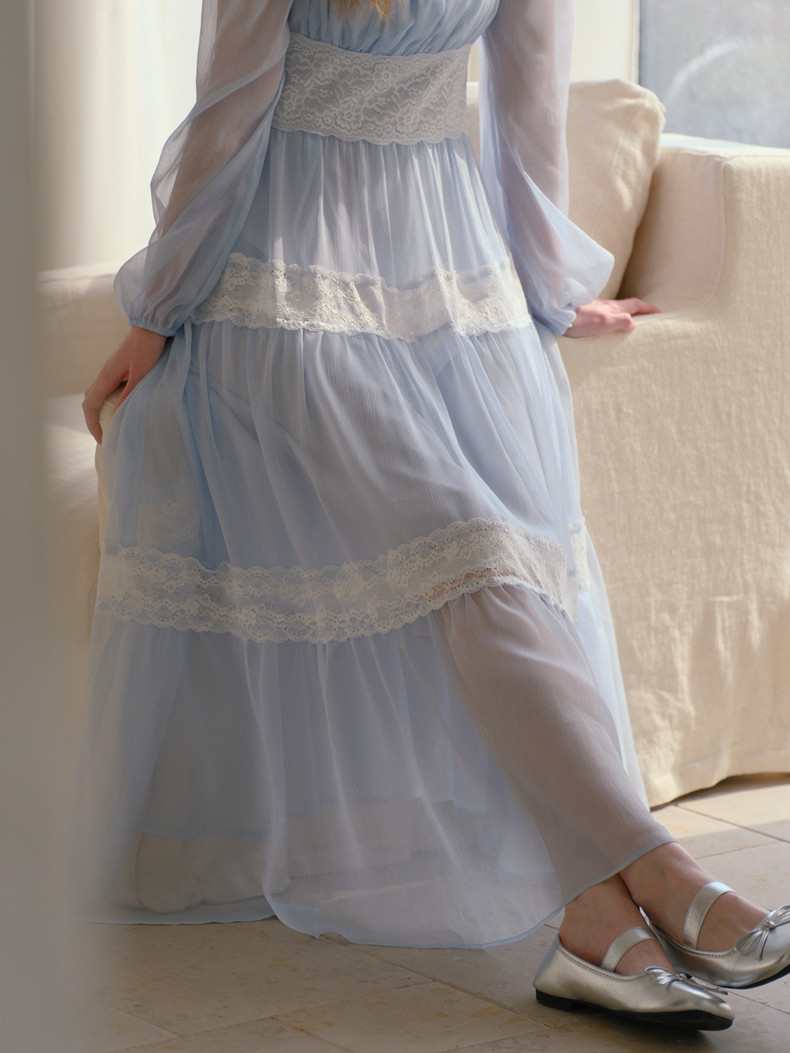 Light Blue Lace Trim Tiered A-Line Maxi