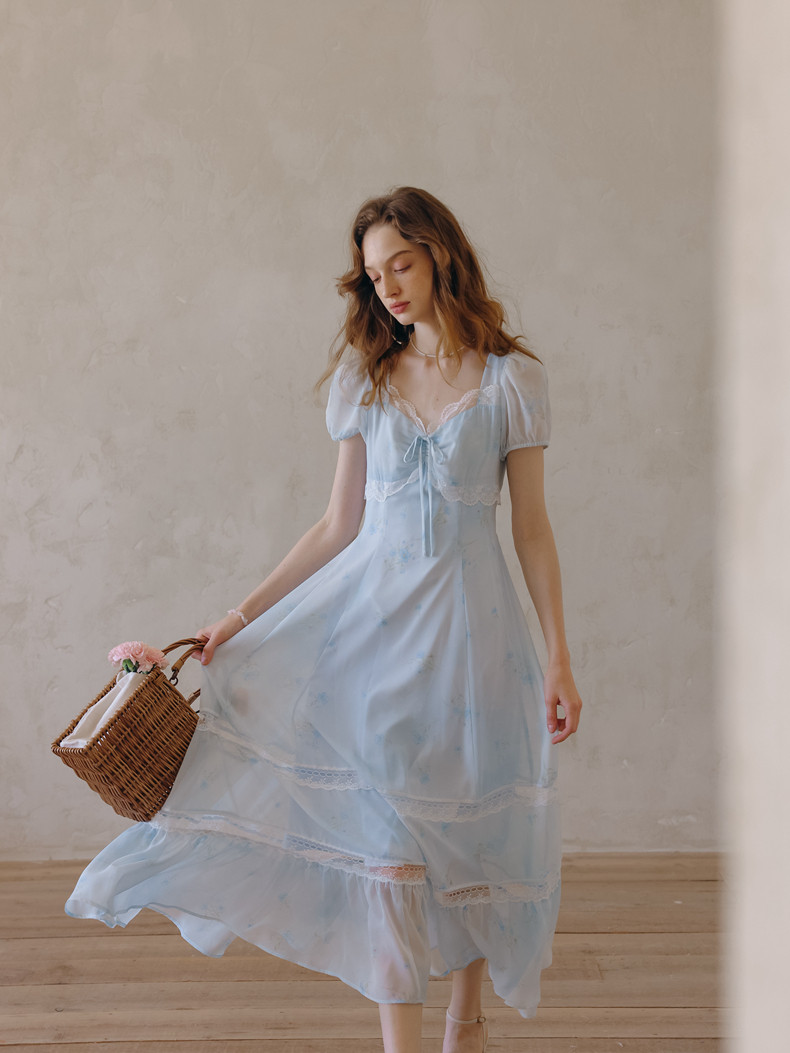 Puff Sleeve Lace Hem A-Line Sheer Light Blue Dress
