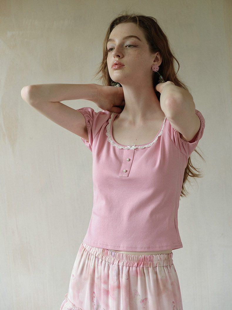 Pink Lace Trim Button Short Sleeve Tee